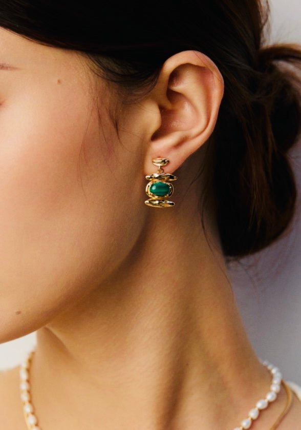 Malachite & Gold Sculptural Drop Earrings