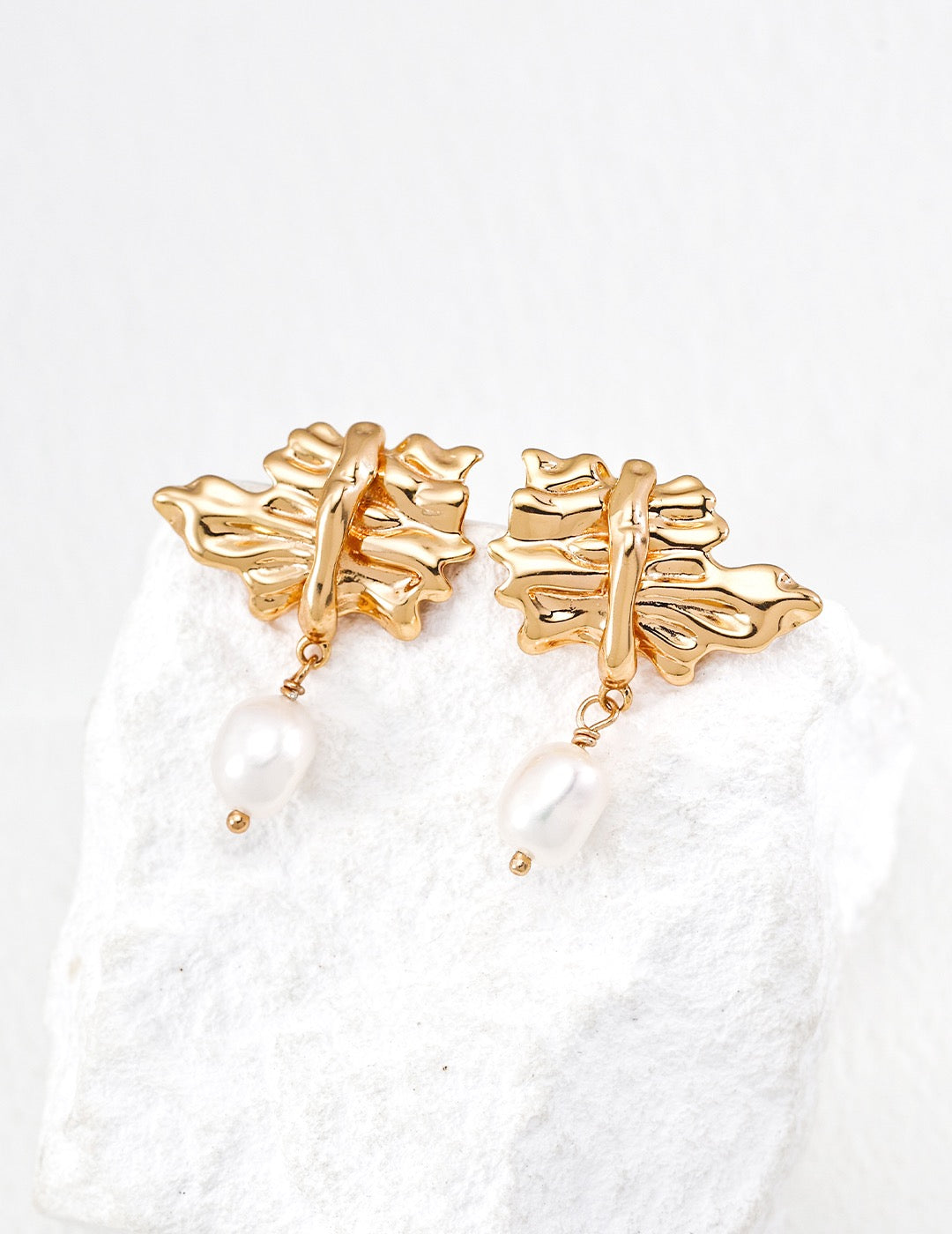 Molten Leaf Pearl Drop Earrings