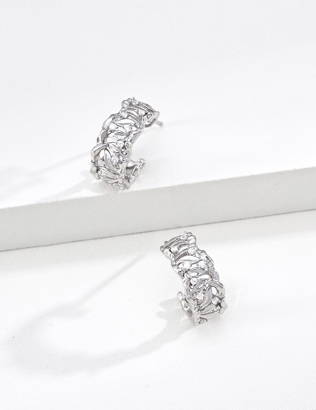 Botanical Leaf CZ Huggie Hoop Earrings