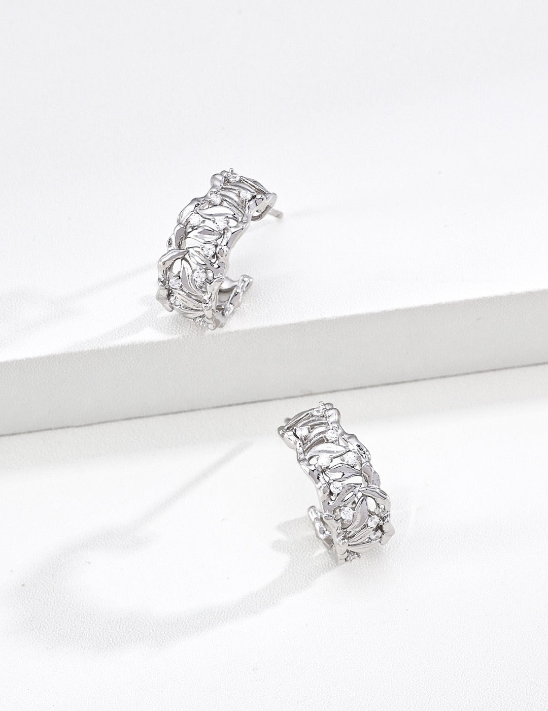 Botanical Leaf CZ Huggie Hoop Earrings