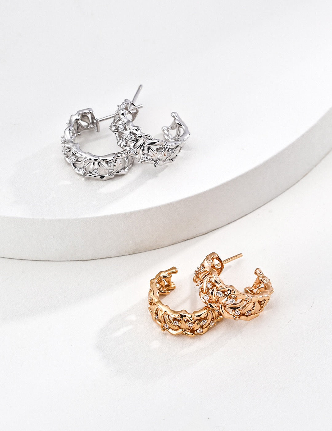 Botanical Leaf CZ Huggie Hoop Earrings