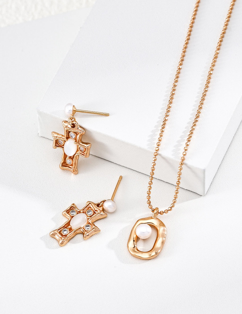Pearl & White Shell Cross Drop Earrings