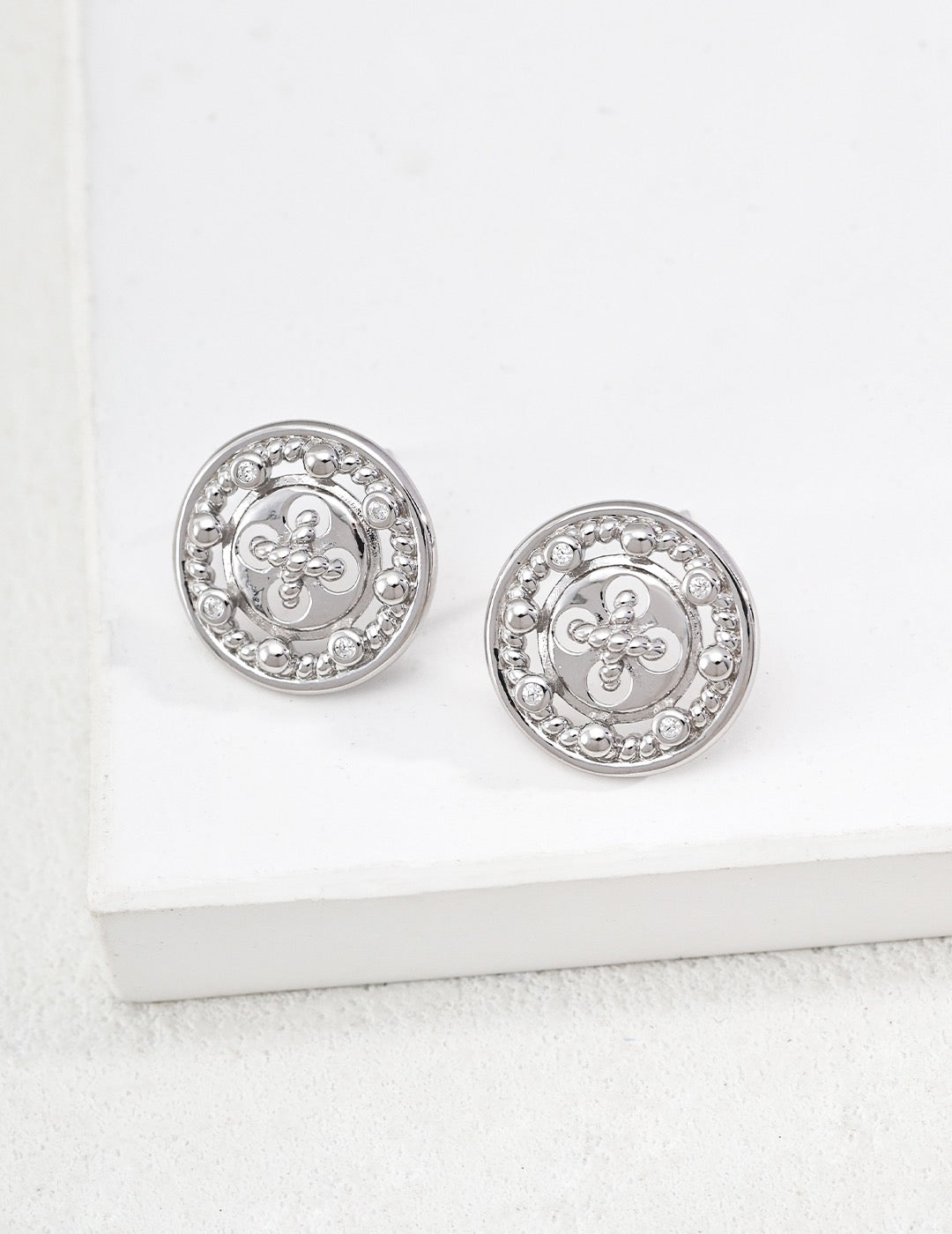 Ornate Coin Crest Stud Earrings