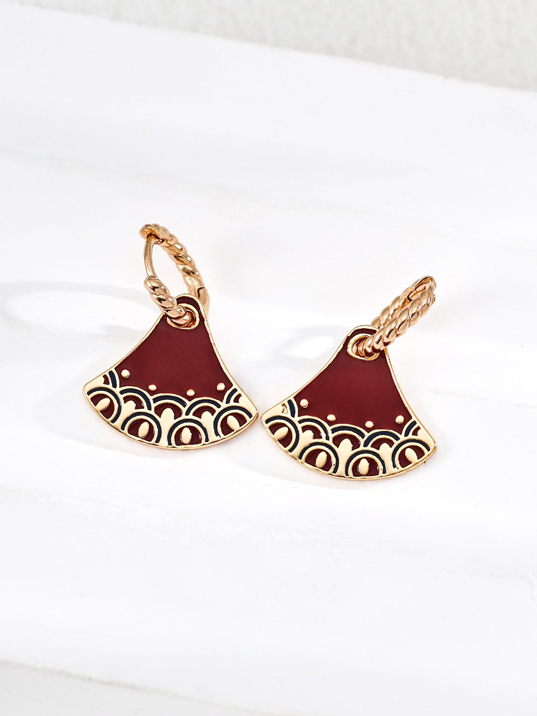 Burgundy Enamel Fan Drop Earrings
