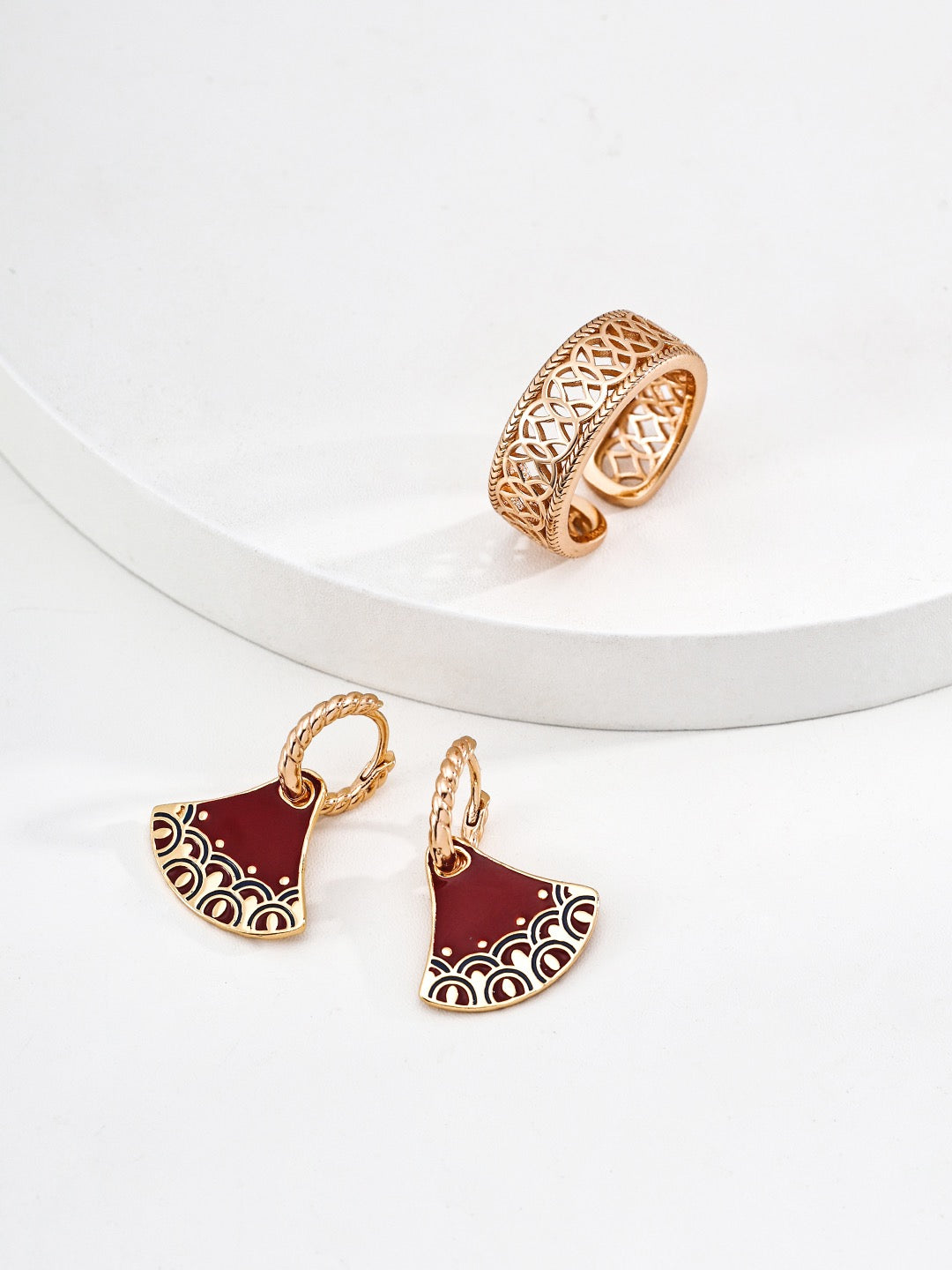 Burgundy Enamel Fan Drop Earrings