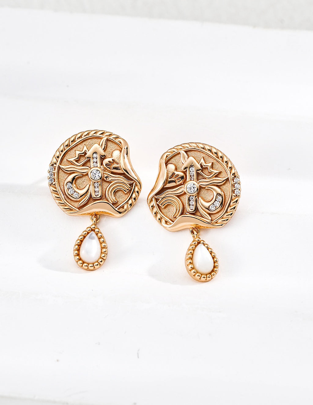 Vintage Medallion Pearl Drop Earrings