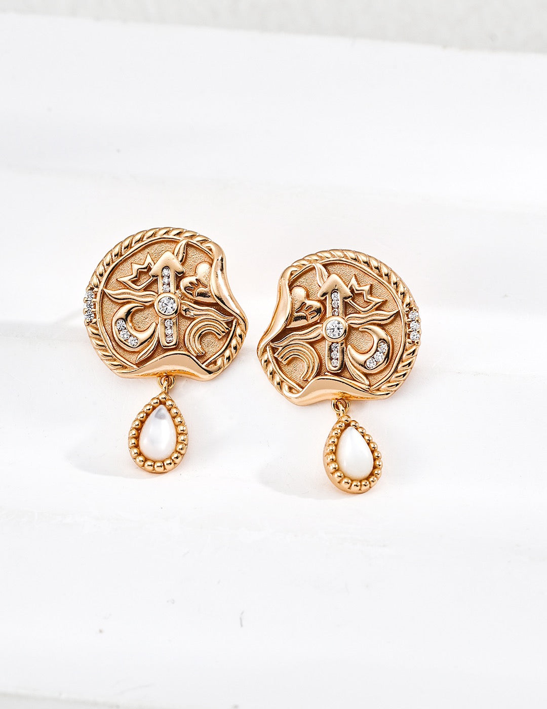 Vintage Medallion Pearl Drop Earrings