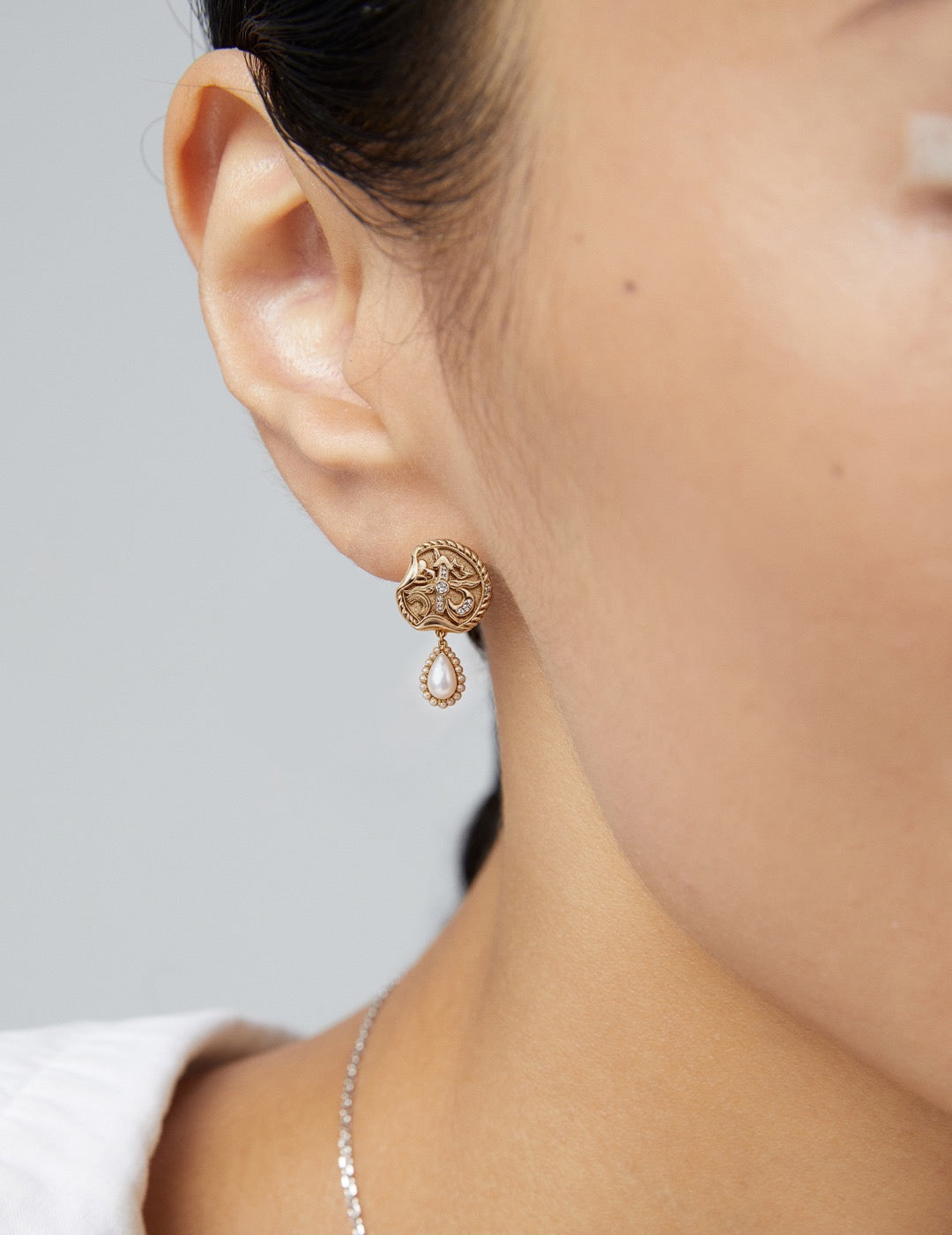 Vintage Medallion Pearl Drop Earrings