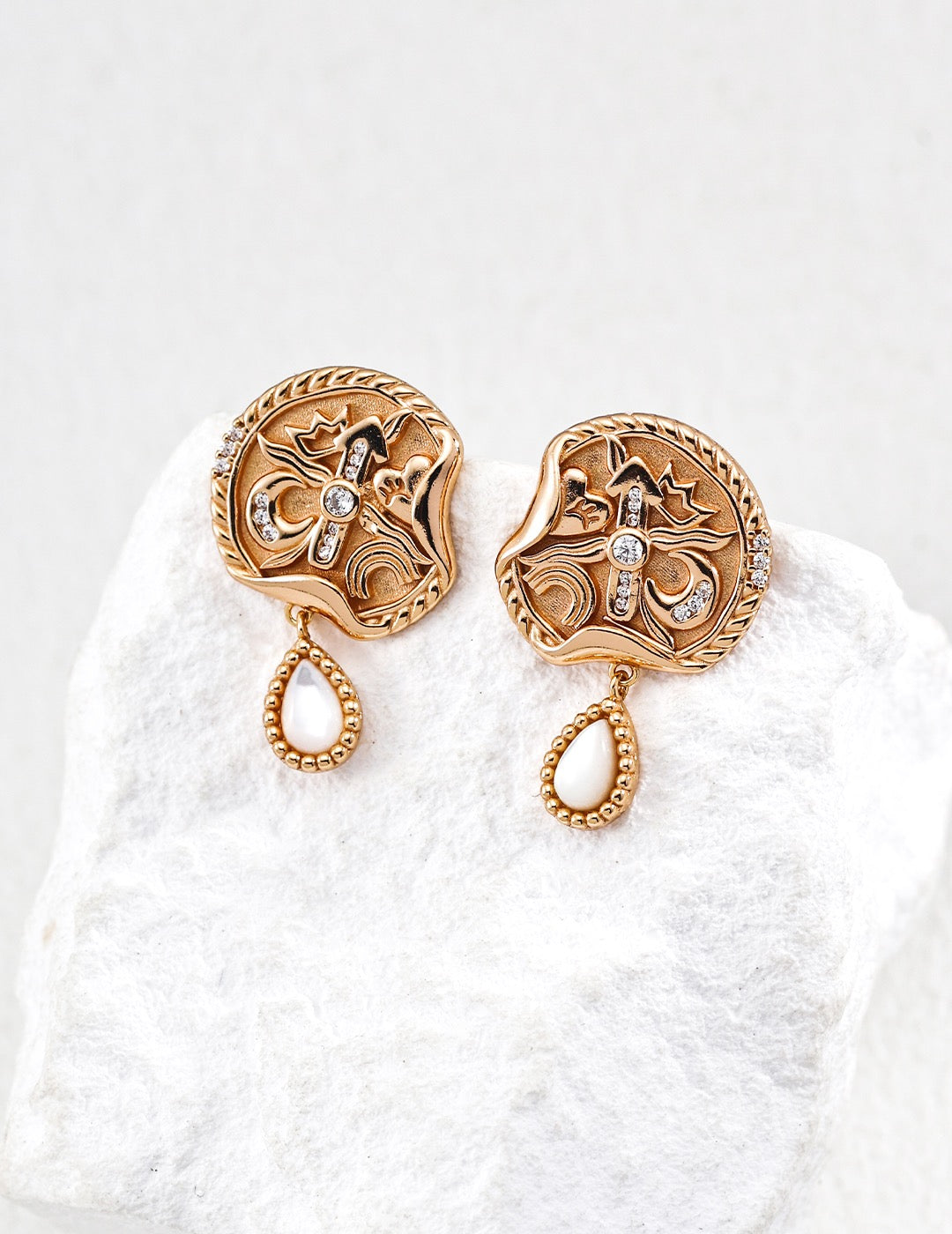 Vintage Medallion Pearl Drop Earrings