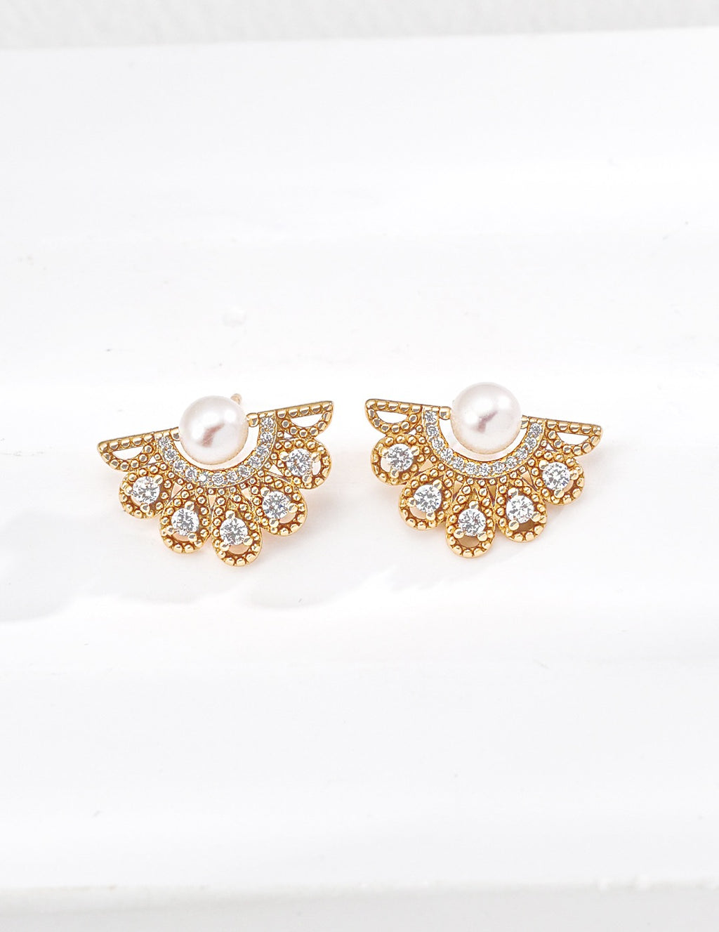 Art Deco Fan Pearl Stud Earrings