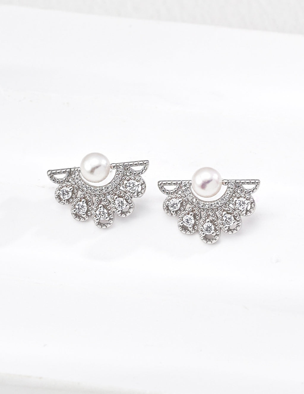 Art Deco Fan Pearl Stud Earrings