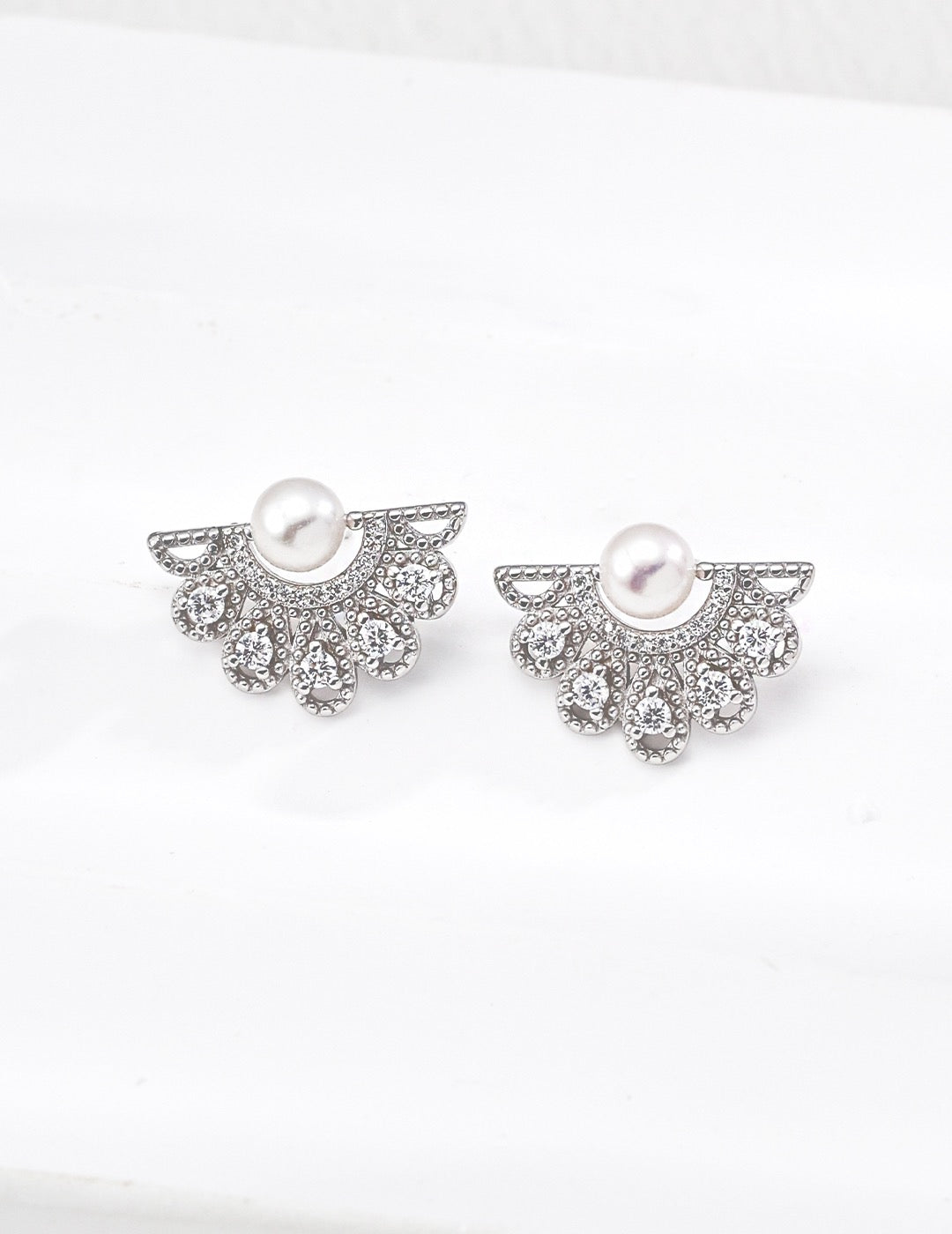 Art Deco Fan Pearl Stud Earrings