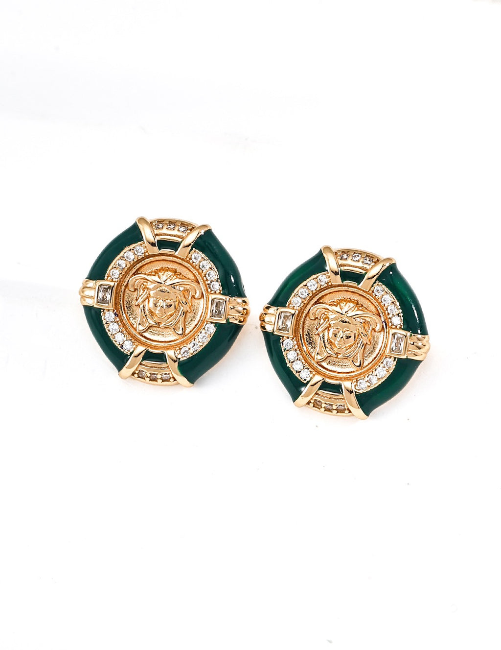 Green Enamel Medallion Coin Stud Earrings