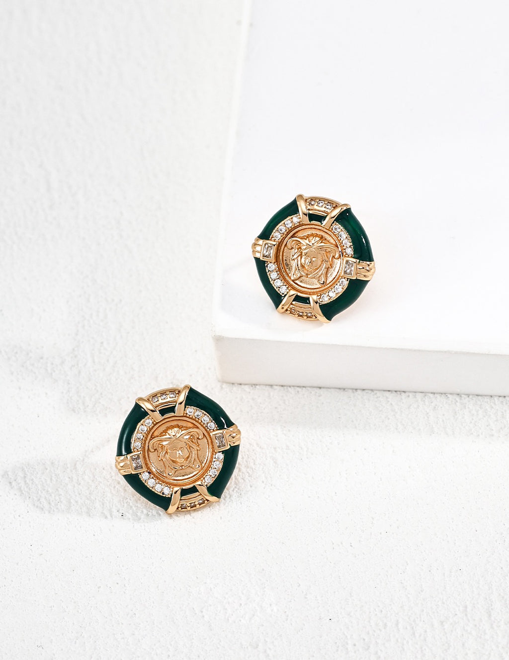 Green Enamel Medallion Coin Stud Earrings