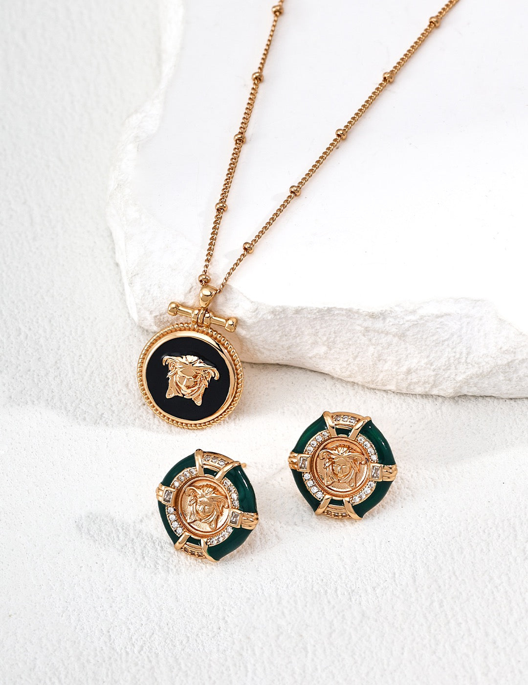 Green Enamel Medallion Coin Stud Earrings