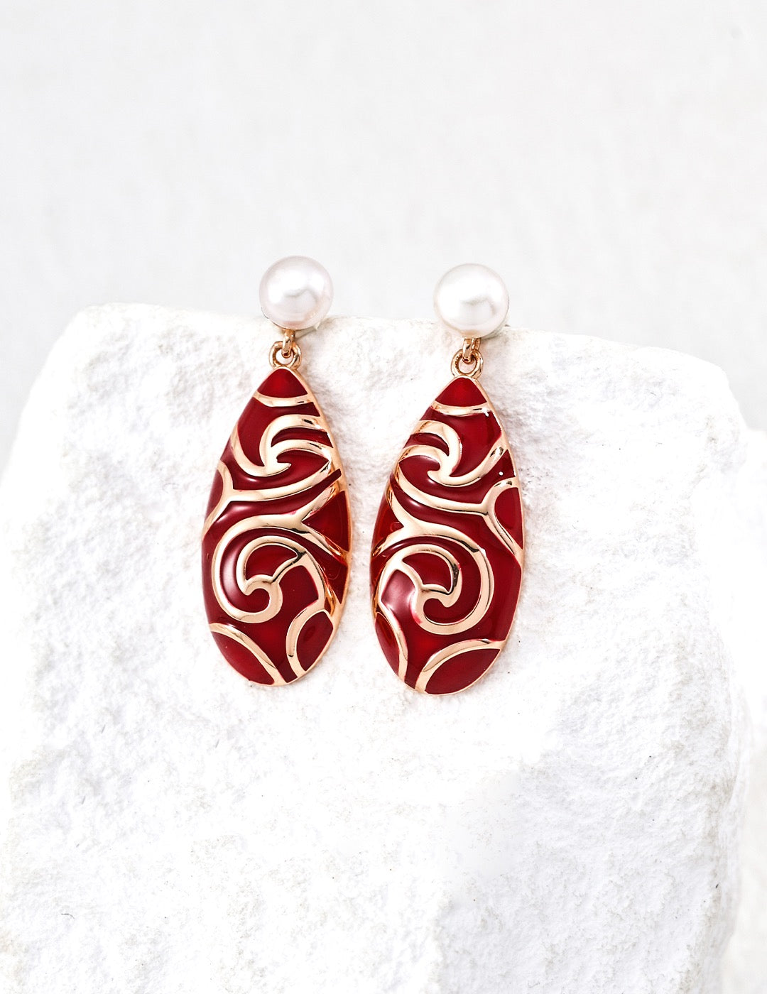 Red Enamel & Pearl Drop Earrings