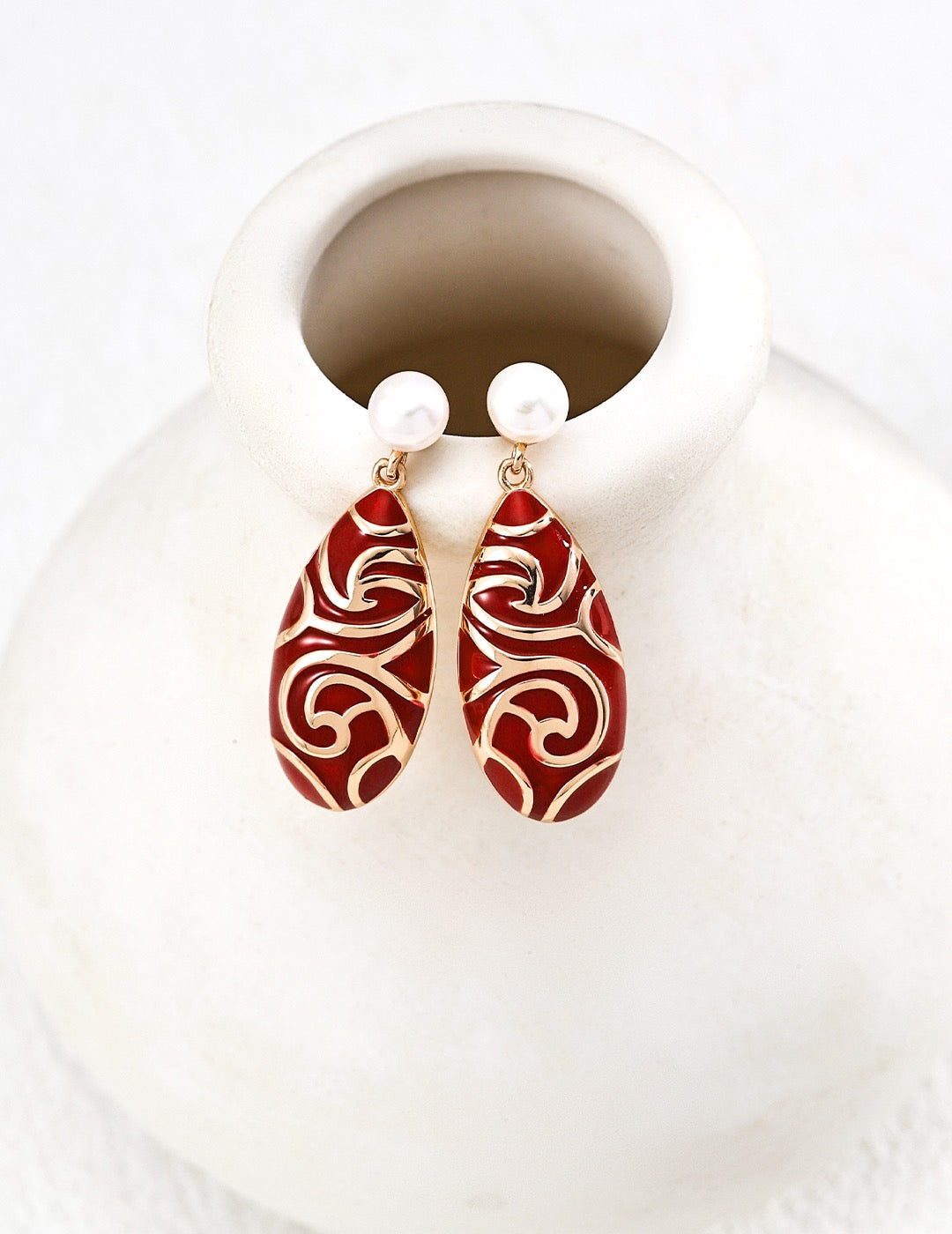 Red Enamel & Pearl Drop Earrings