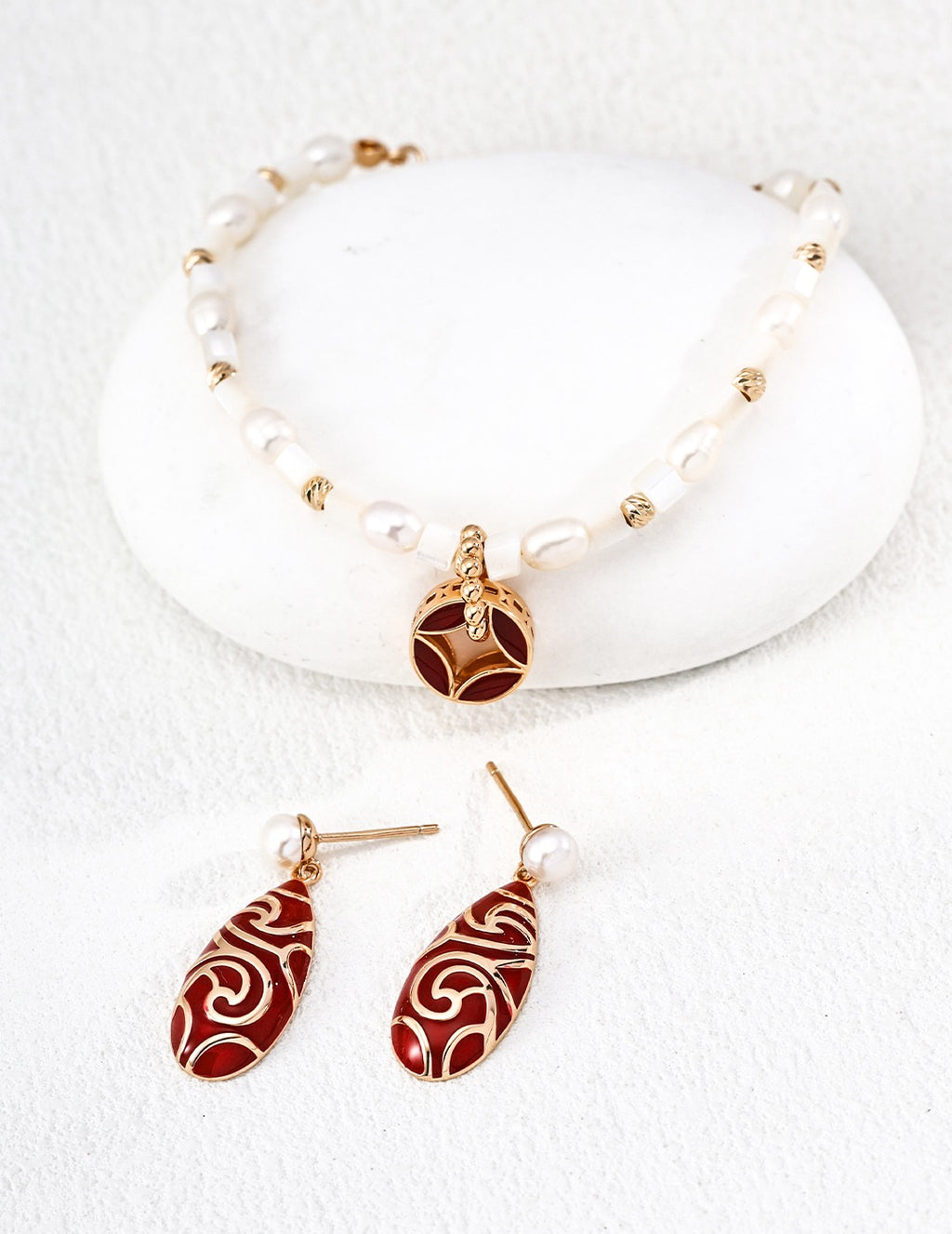 Red Enamel & Pearl Drop Earrings