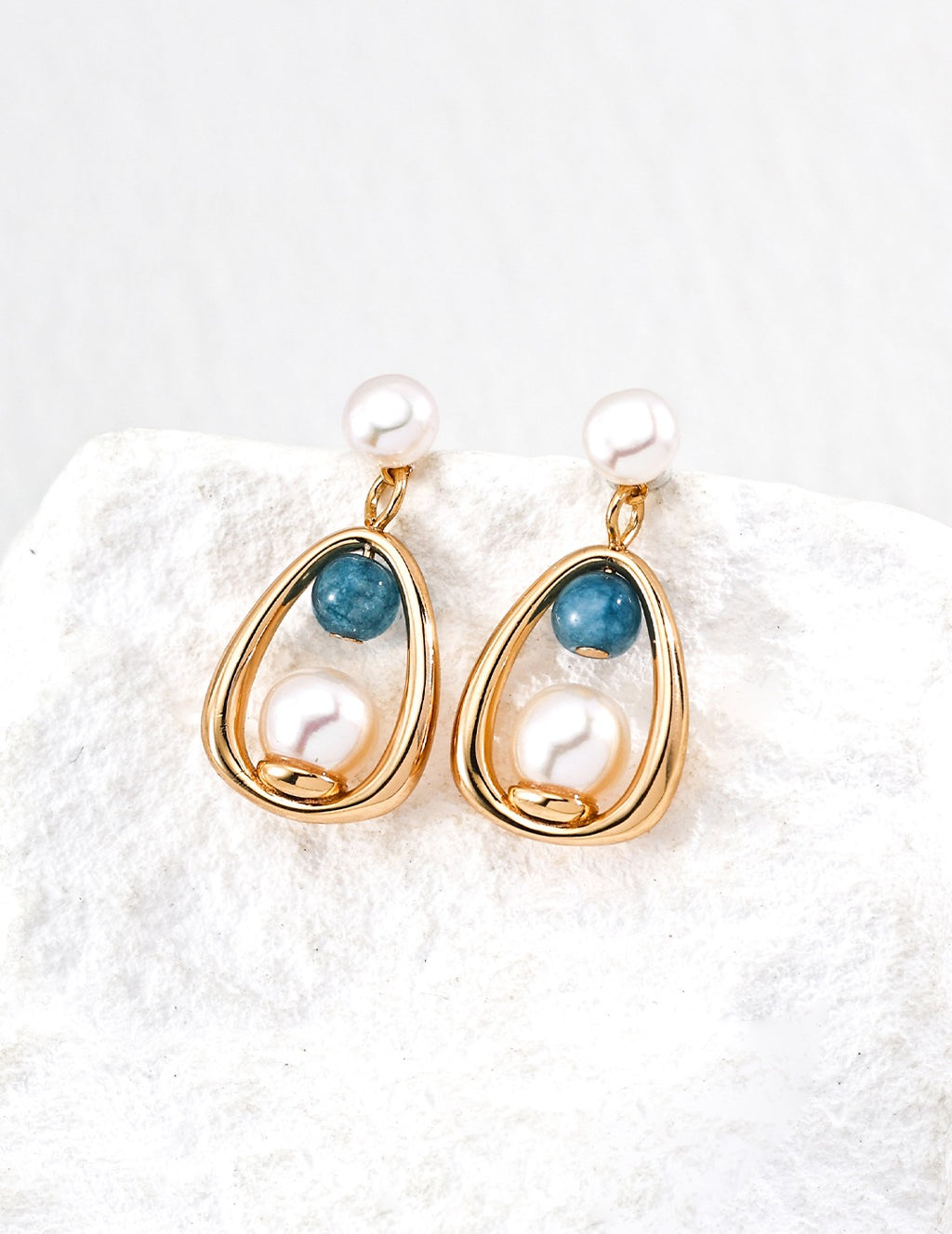 Pearl & Blue Agate Teardrop Frame Drop Earrings
