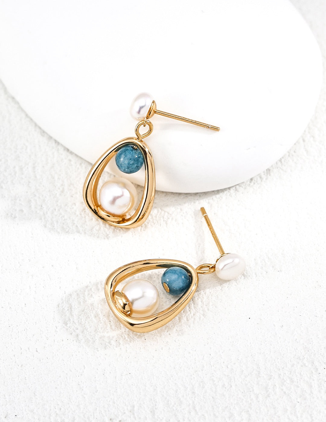 Pearl & Blue Agate Teardrop Frame Drop Earrings