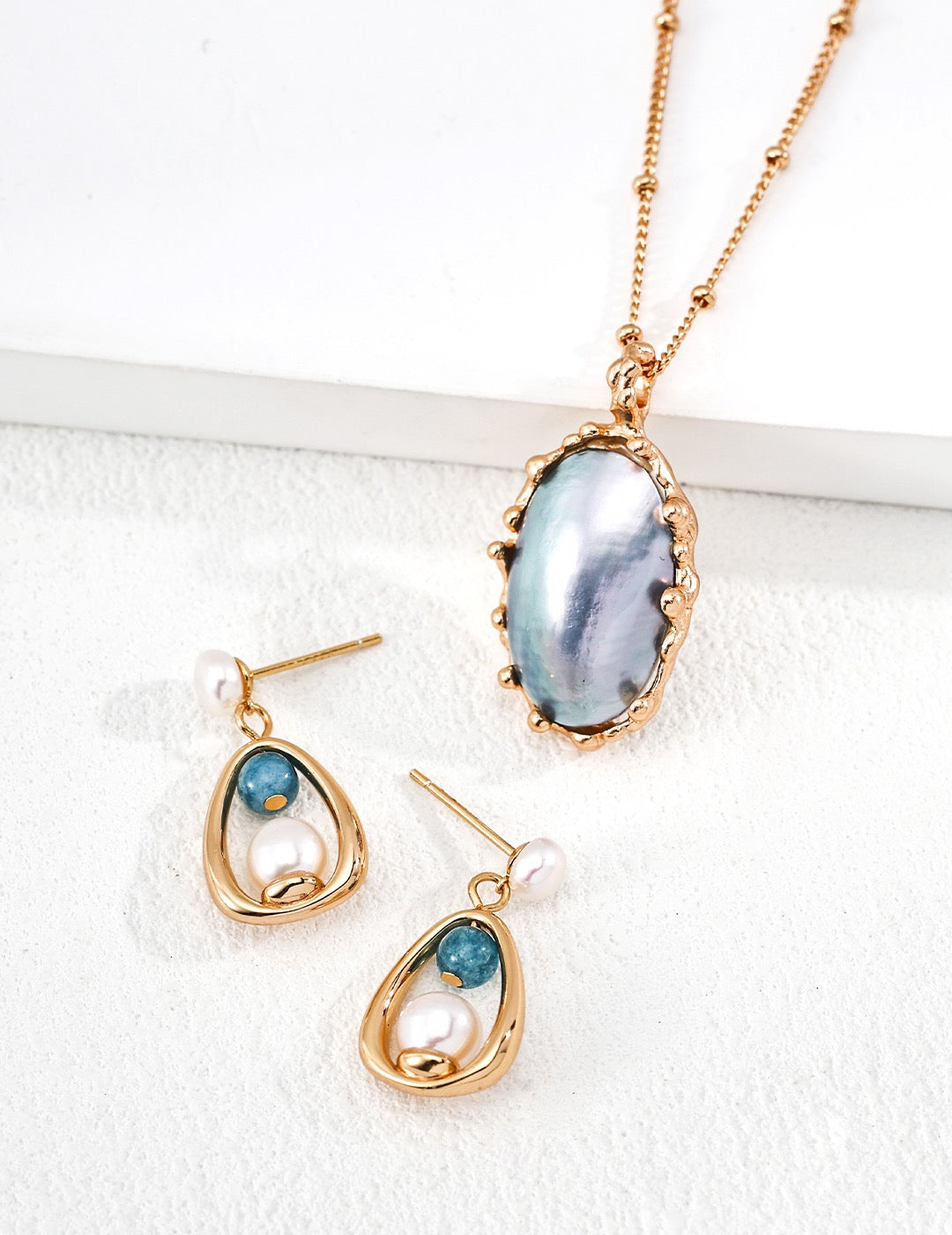 Pearl & Blue Agate Teardrop Frame Drop Earrings