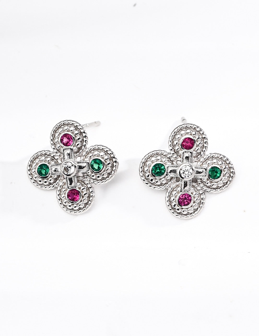 Byzantine Quatrefoil Multicolor CZ Stud Earrings