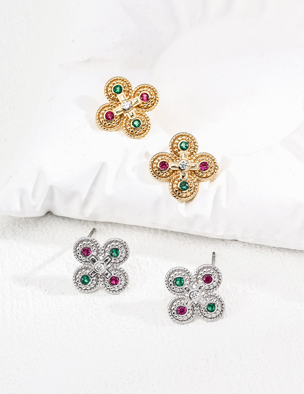 Byzantine Quatrefoil Multicolor CZ Stud Earrings