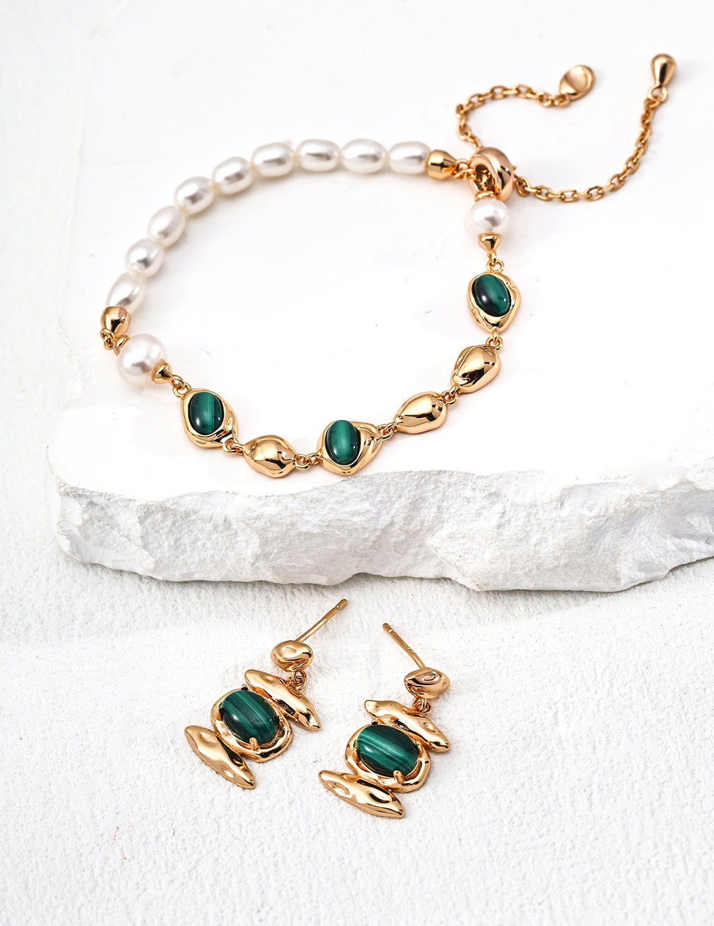 Malachite & Gold Sculptural Drop Earrings