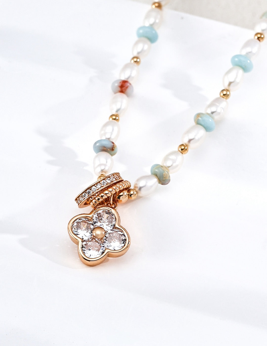 Pearl & CZ Clover Charm Necklace