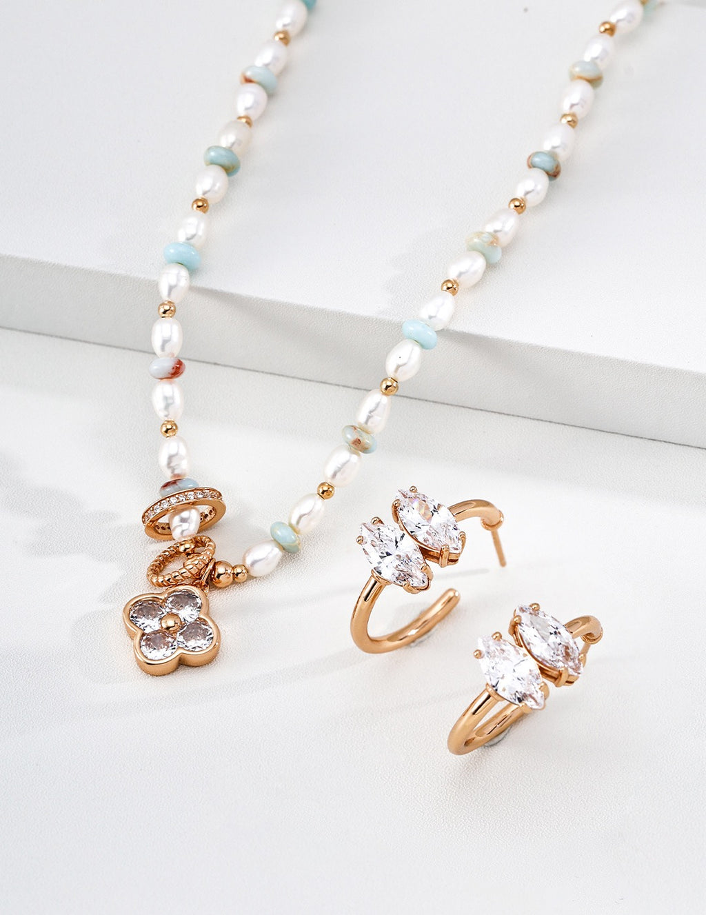 Pearl & CZ Clover Charm Necklace