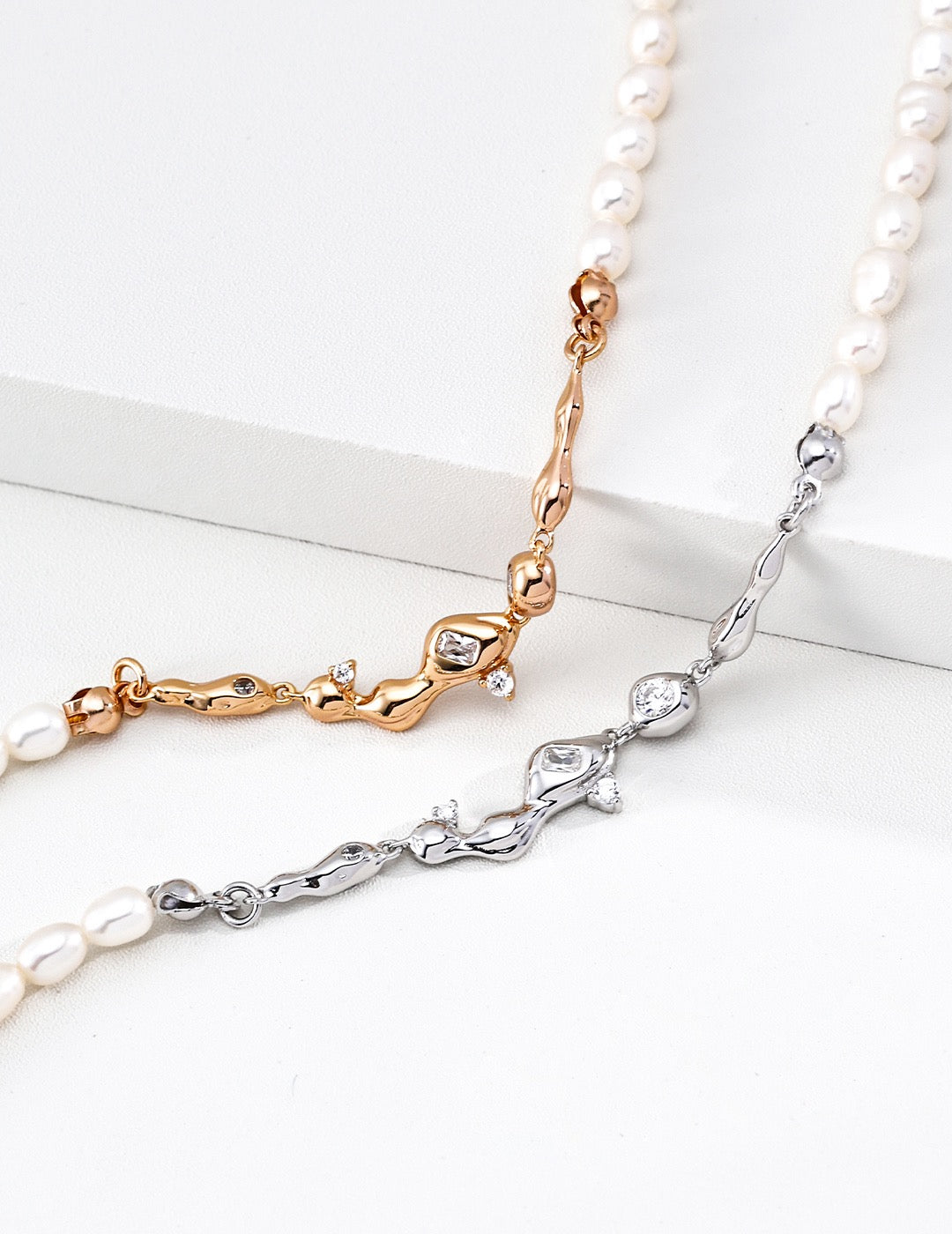 Pearl Strand Branch CZ Connector Necklace
