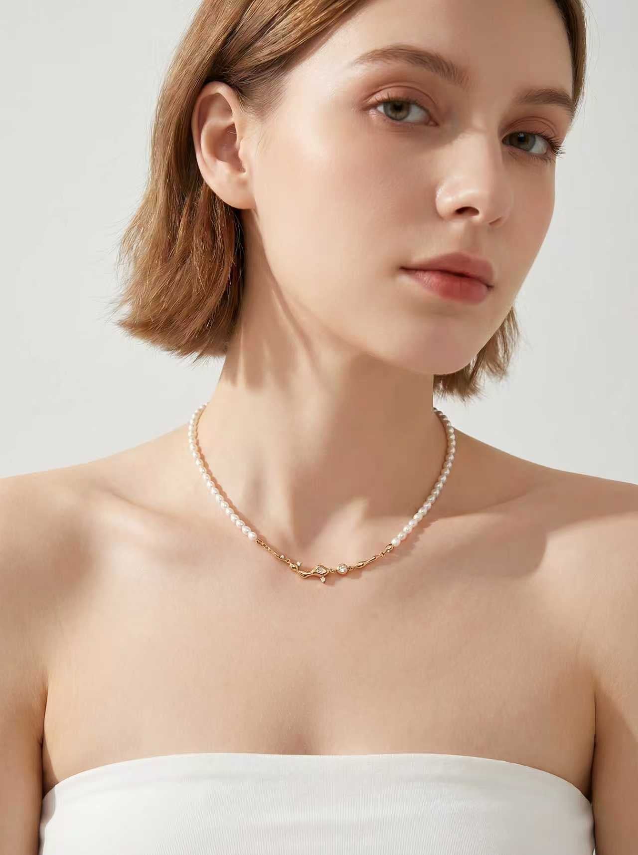 Pearl Strand Branch CZ Connector Necklace