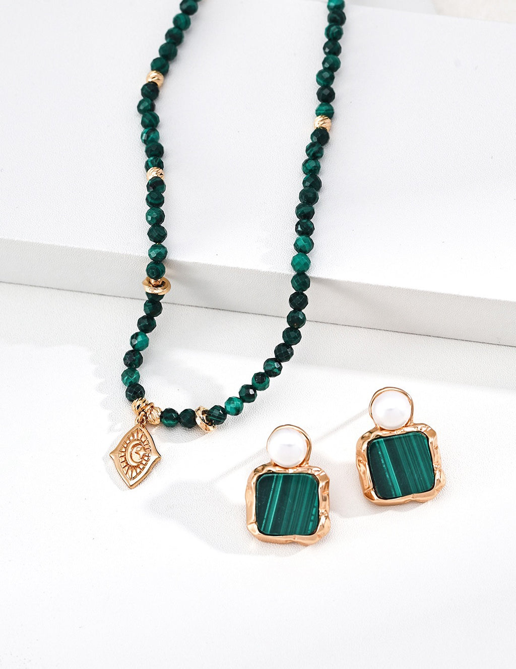 Malachite Sun Moon Charm Beaded Necklace