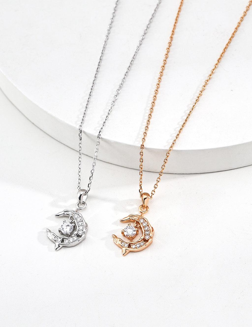 Dolphin Moon CZ Pendant Necklace