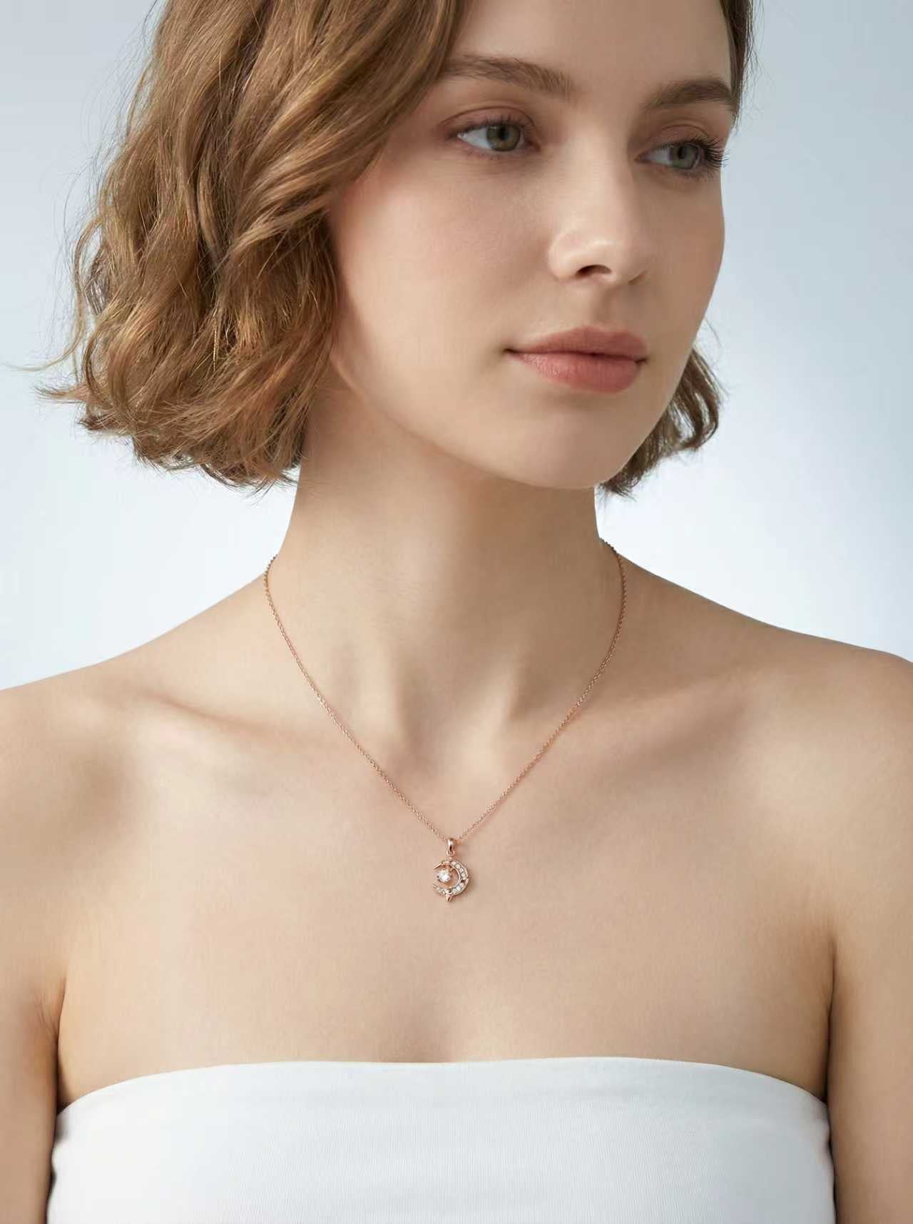 Dolphin Moon CZ Pendant Necklace