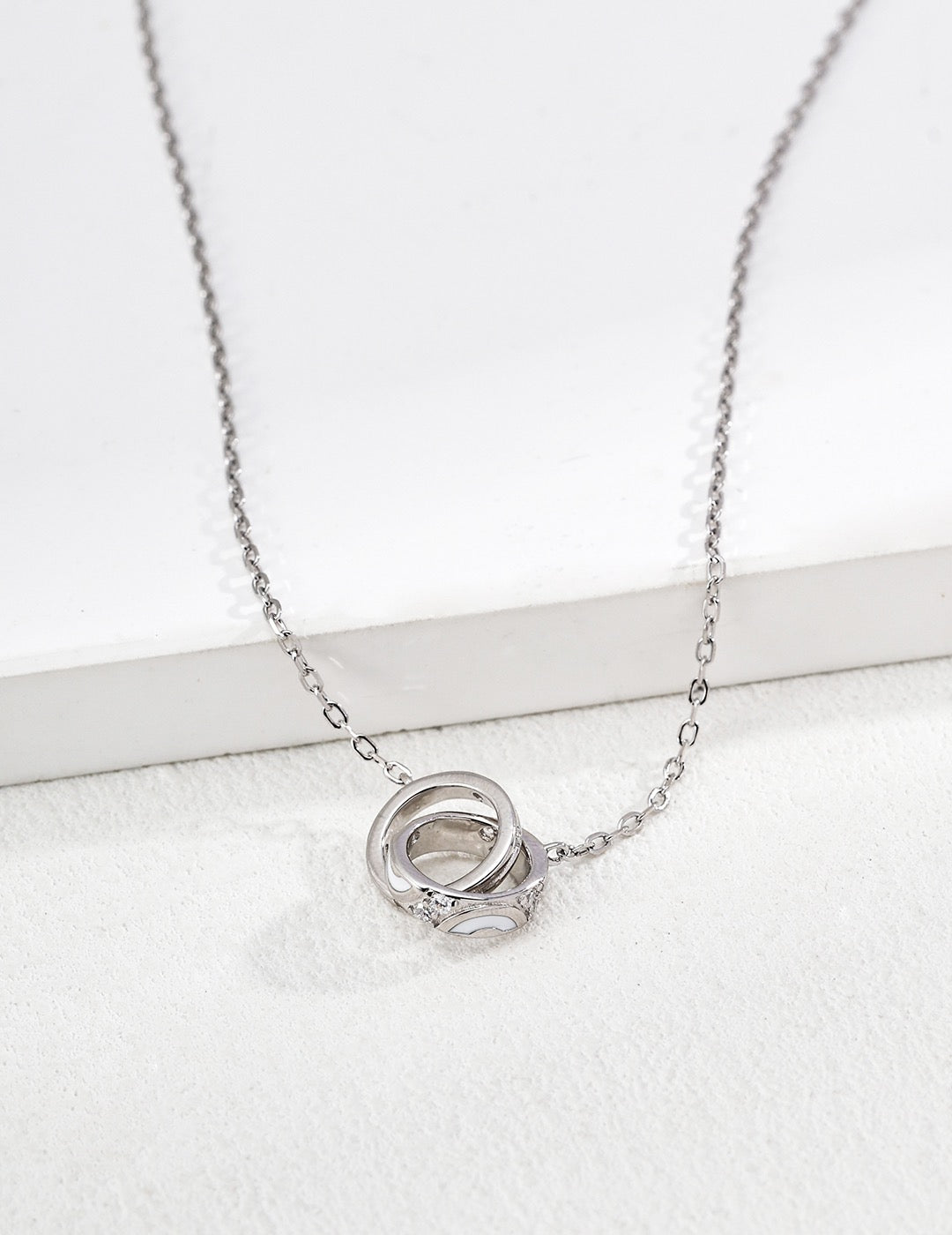 Interlocked Ring CZ Enamel Pendant Necklace