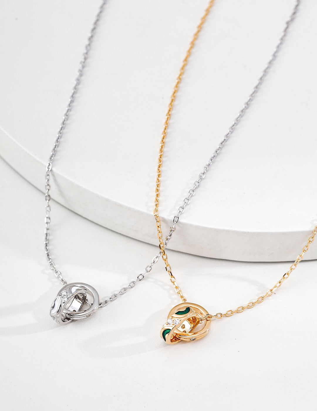 Interlocked Ring CZ Enamel Pendant Necklace