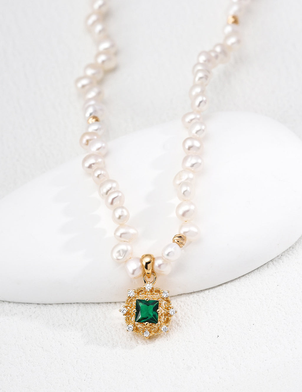 Emerald CZ Filigree Pearl Strand Necklace