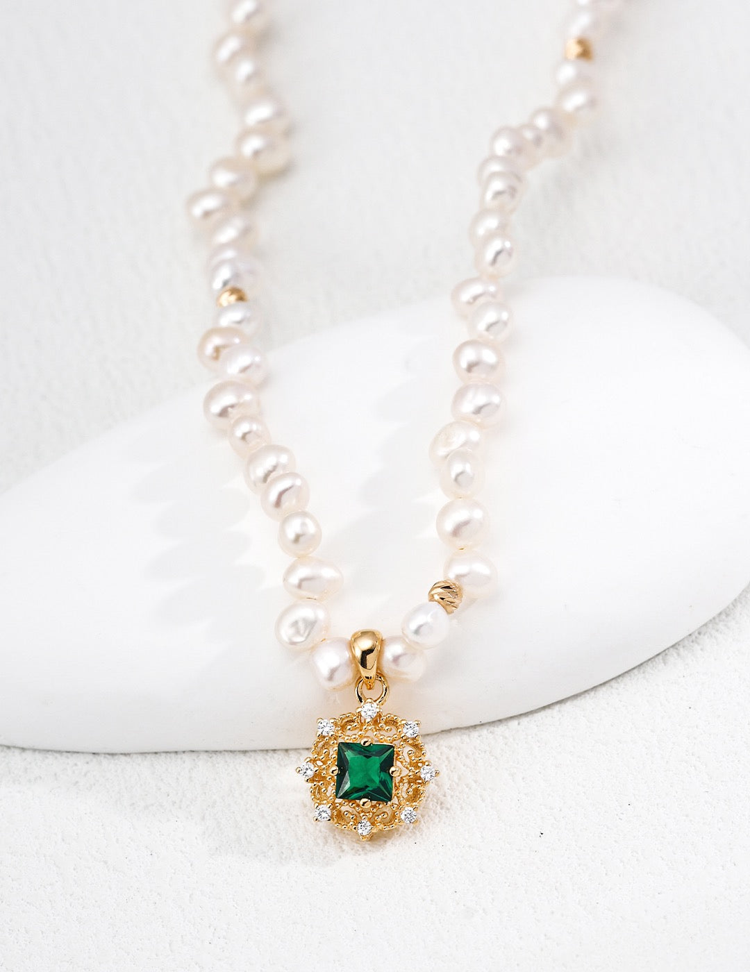 Emerald CZ Filigree Pearl Strand Necklace