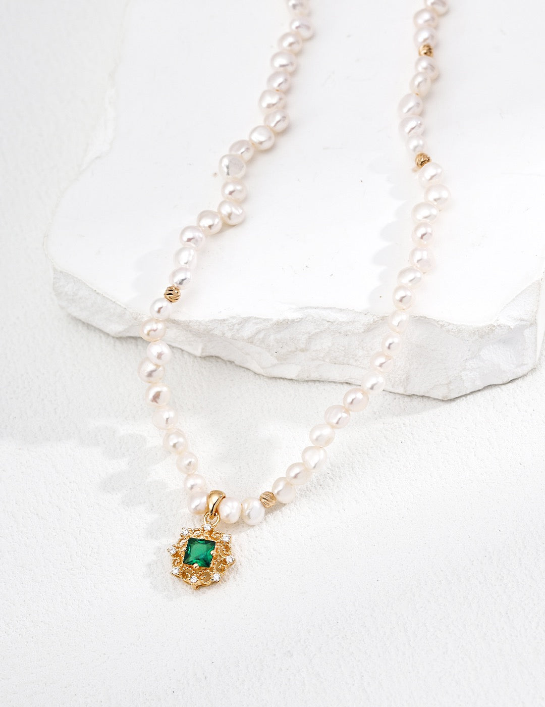 Emerald CZ Filigree Pearl Strand Necklace