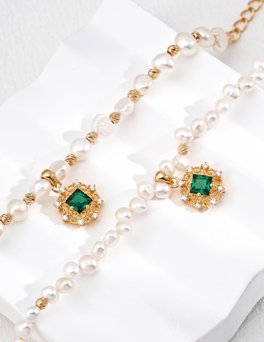 Emerald CZ Filigree Pearl Strand Necklace