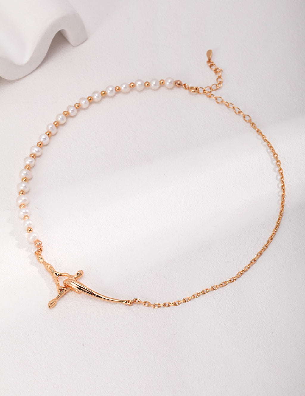 Half Pearl Half Chain Sculptural Cross Necklace