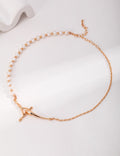 Half Pearl Half Chain Sculptural Cross Necklace