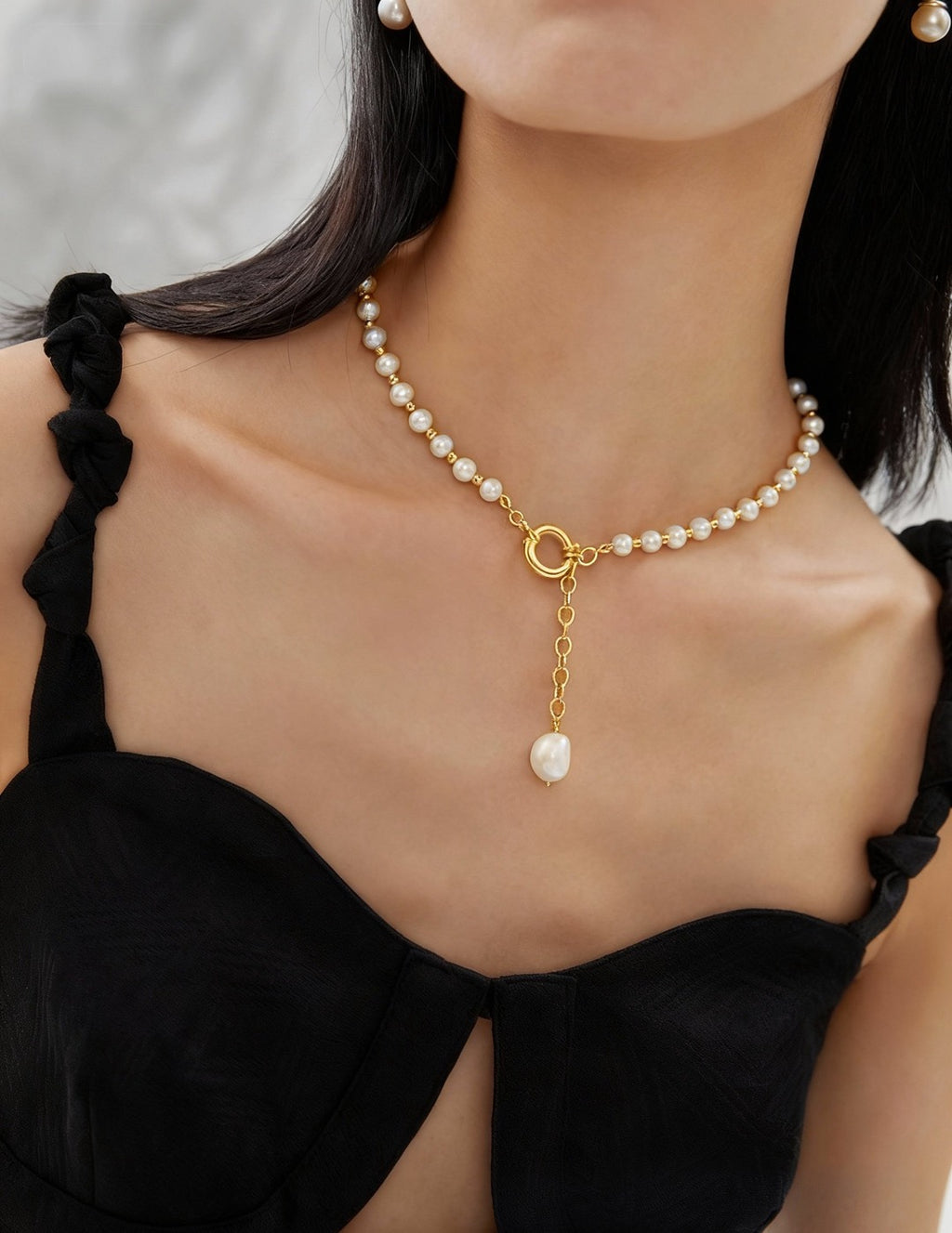 Baroque Pearl Drop Ring Clasp Choker Necklace