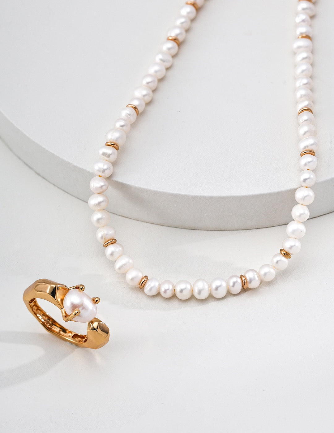 Pearl & Gold Ring Spacer Strand Necklace