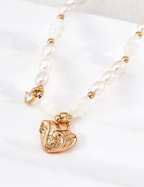 Baroque Heart Pearl & Gold Bead Charm Necklace