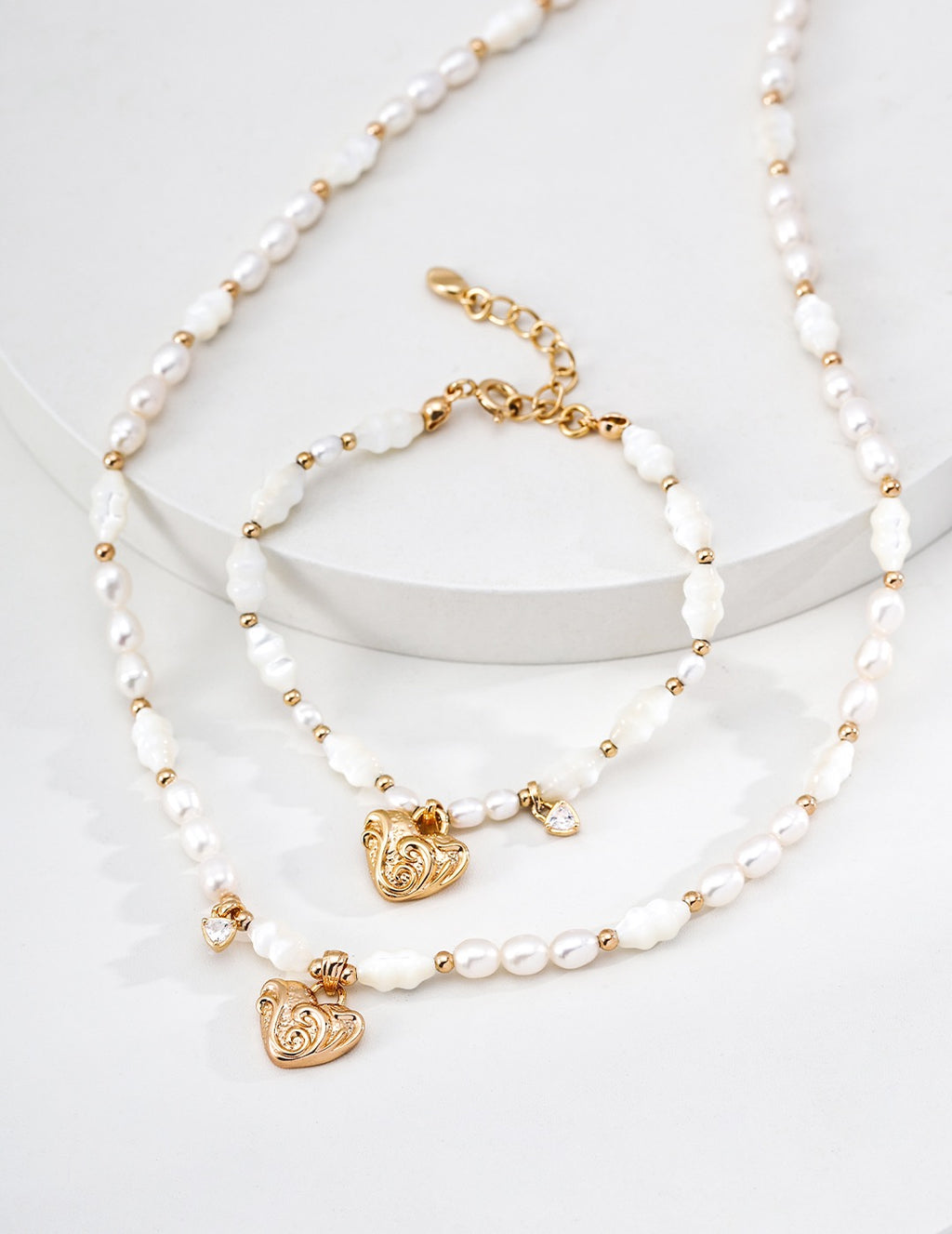 Baroque Heart Pearl & Gold Bead Charm Necklace