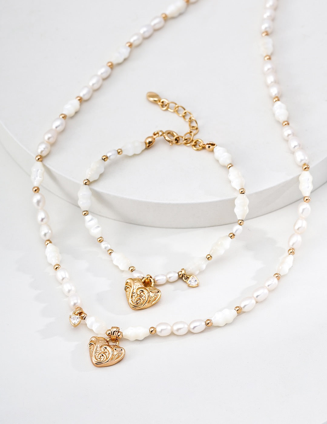 Baroque Heart Pearl & Gold Bead Charm Necklace