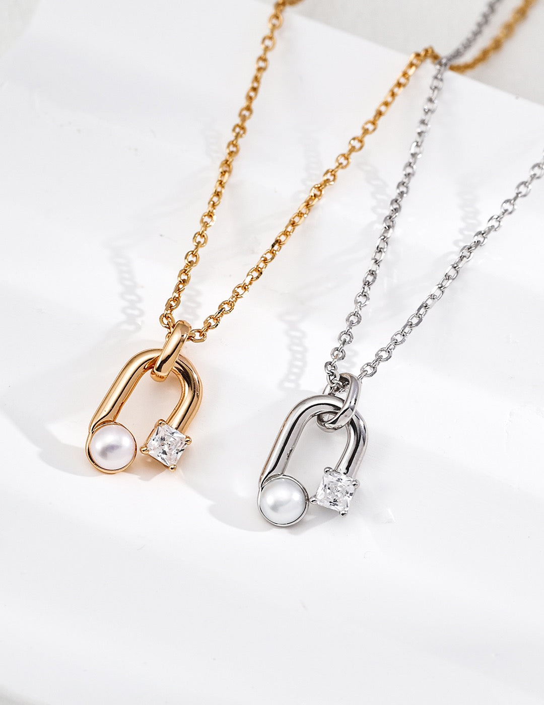 Pearl & CZ Horseshoe Link Pendant Necklace