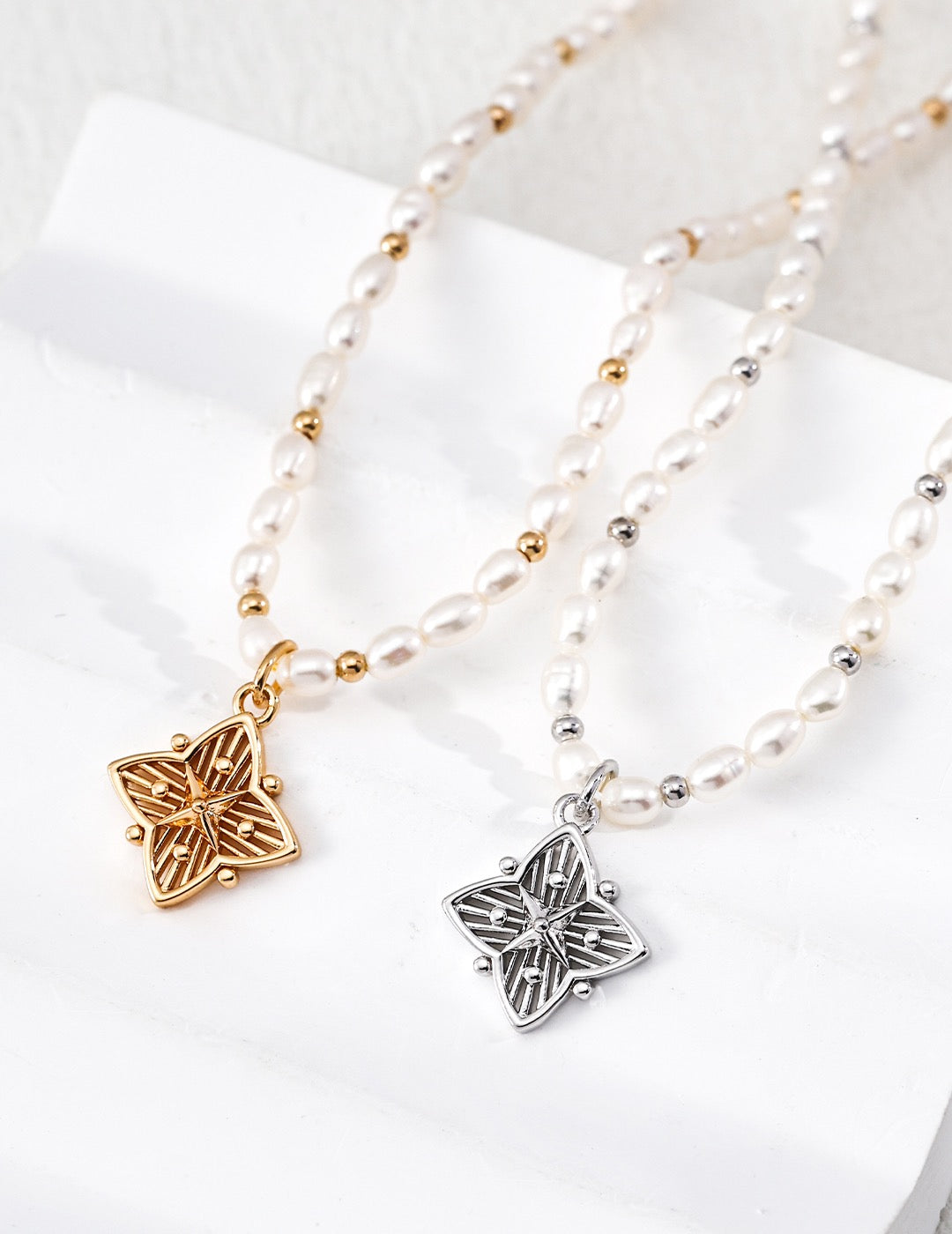 Filigree Star Compass Pearl & Bead Strand Necklace